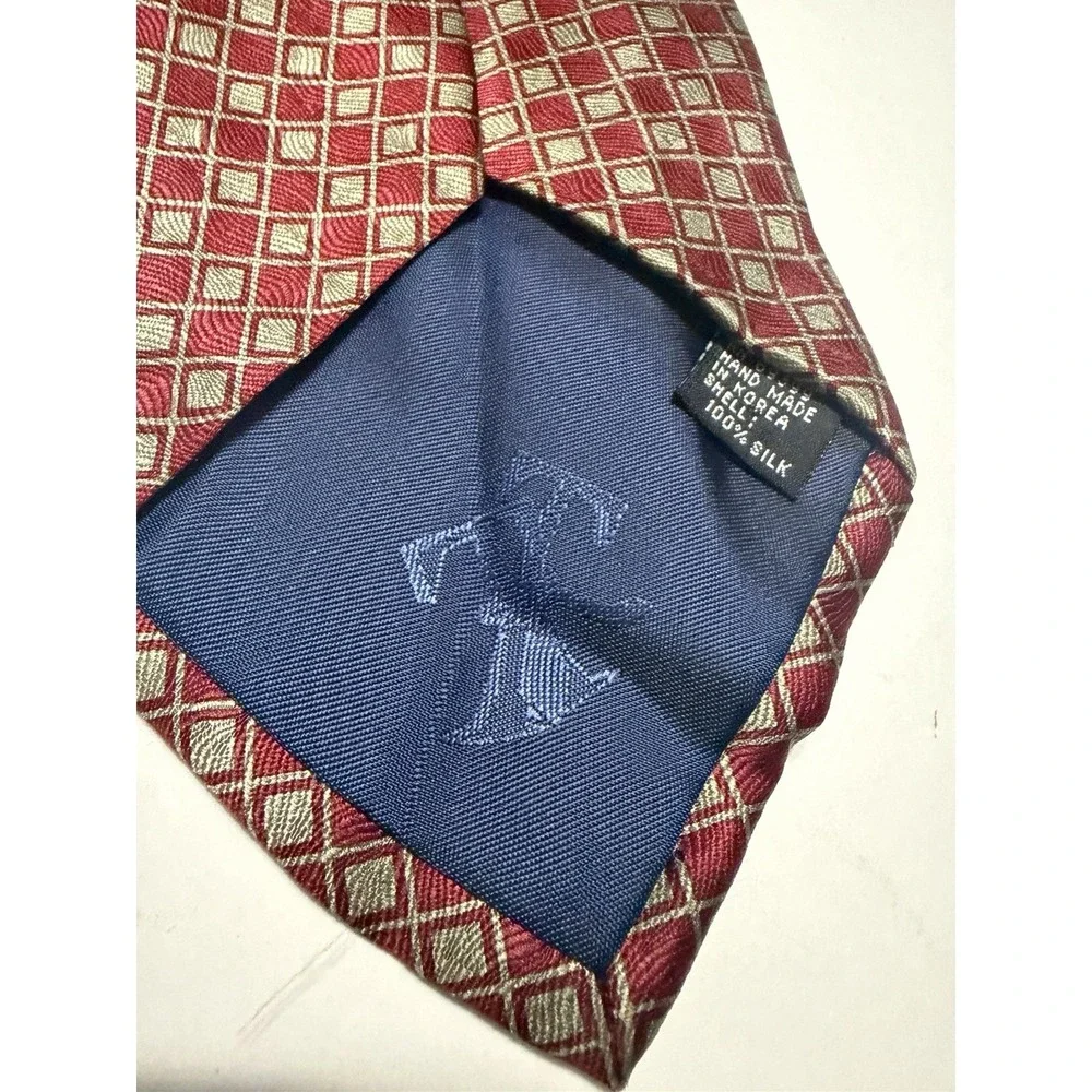 Tongue Tied Mens Silk Necktie Red Silver Geometric Square Pattern Hand Made